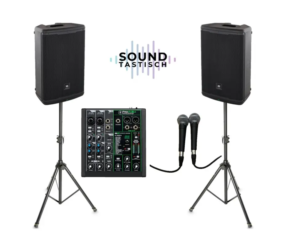Soundtastisch Komplettpaket mit zwei JBL Lautsprechern, Mischpult und zwei Mikrofonen